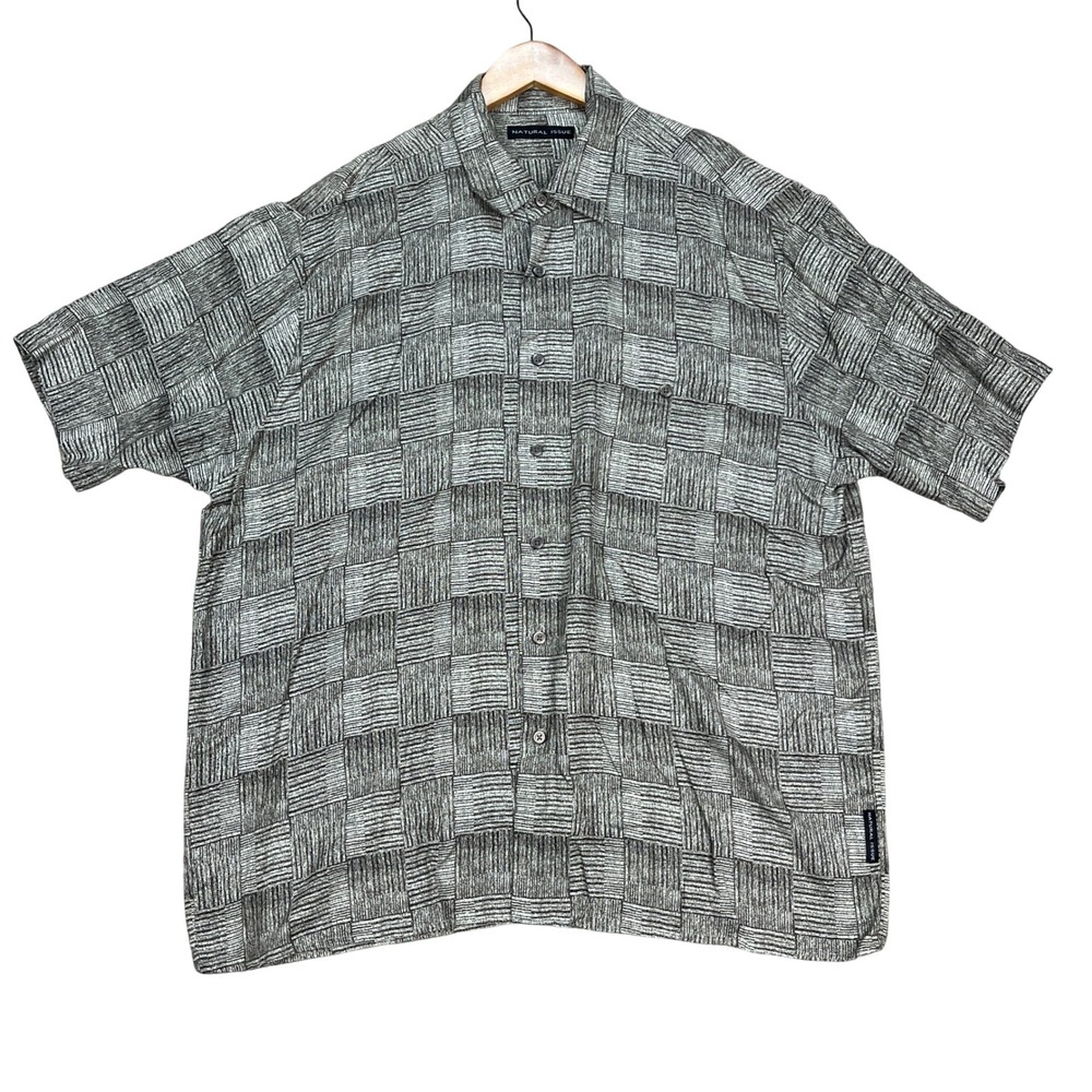 VTG Natural Issue Button Down Shirt Men L Gray Geometric Short Sleeve Pocket EUC